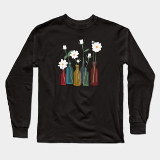 White Tiny Beautiful Flowers, White Flowers In Colorful Vases Long Sleeve T-Shirt